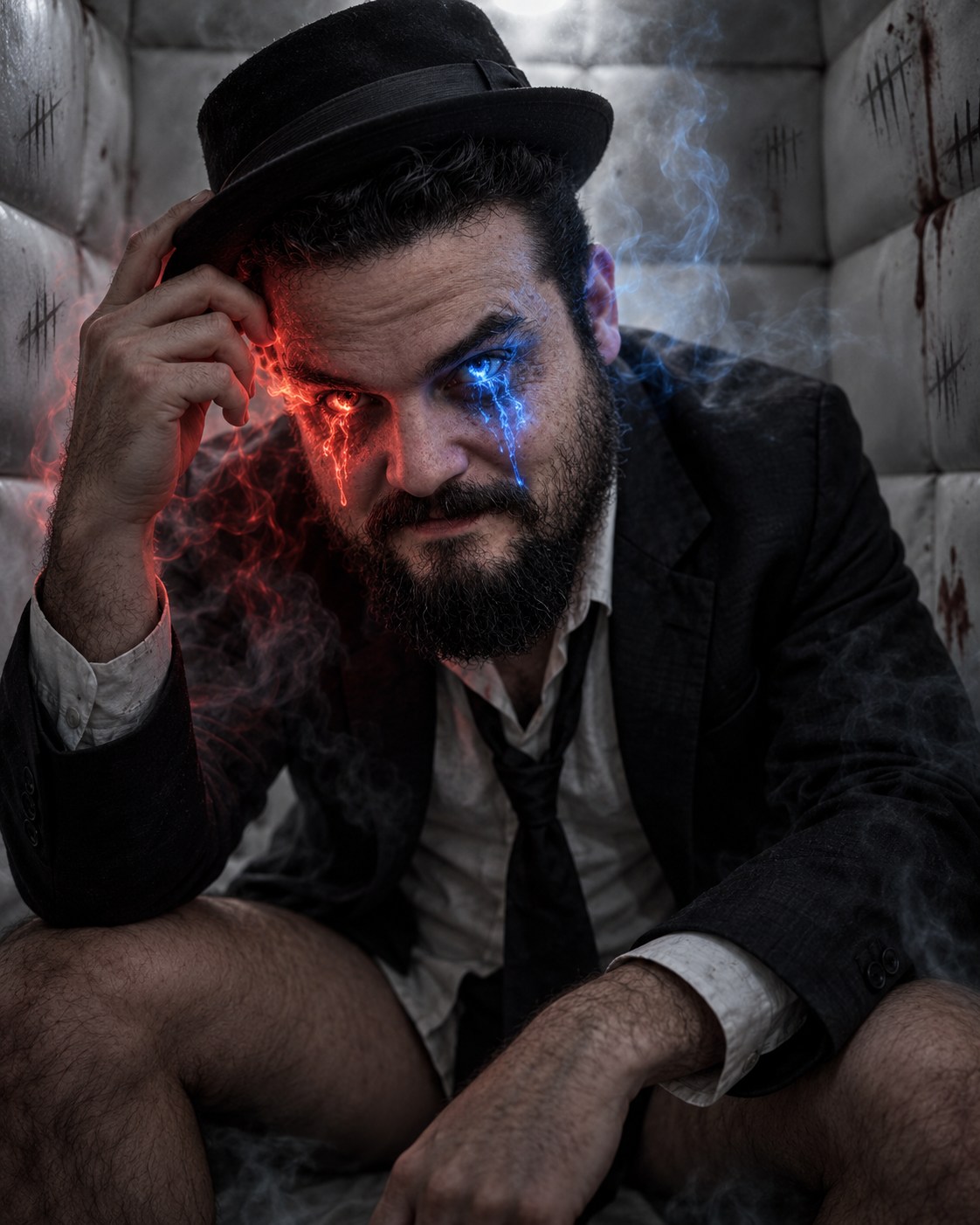 Mad Dog cover art: close-up of the hat, glowing eyes and tie against padded walls